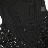 Fashionable Round Neck Polyester Mesh Sequined Tassel See-through Rhinestone Dress