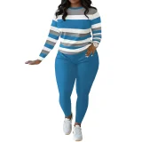 Stylish and Unique Striped Print Round-neck Long-sleeved Top and Long Pants Set