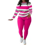 Stylish and Unique Striped Print Round-neck Long-sleeved Top and Long Pants Set