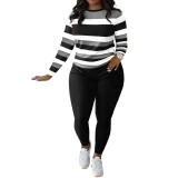 Stylish and Unique Striped Print Round-neck Long-sleeved Top and Long Pants Set
