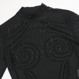 Fashionable Round Neck Polyester Mesh Sequined Tassel See-through Rhinestone Dress