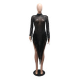 Fashionable Round Neck Polyester Mesh Sequined Tassel See-through Rhinestone Dress
