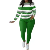Stylish and Unique Striped Print Round-neck Long-sleeved Top and Long Pants Set
