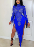 Fashionable Round Neck Polyester Mesh Sequined Tassel See-through Rhinestone Dress