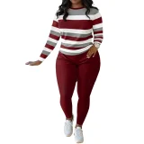 Stylish and Unique Striped Print Round-neck Long-sleeved Top and Long Pants Set