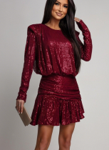 Stylish Round Neck Long-sleeved Sequined Slim-fit Short Dress