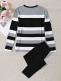 Stylish and Unique Striped Print Round-neck Long-sleeved Top and Long Pants Set