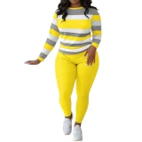 Stylish and Unique Striped Print Round-neck Long-sleeved Top and Long Pants Set