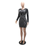 2025 Fashionable Round Neck Rhinestone Embellished Long-Sleeved Slim-Fit Dress