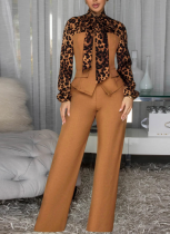 Stylish Leopard Print Collared Shirt and Casual Suit Set