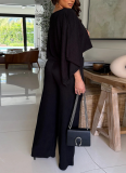 Stylish Pleated One-shoulder Top and Trousers Solid Color Casual Set