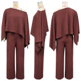 Stylish Pleated One-shoulder Top and Trousers Solid Color Casual Set