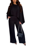Stylish Pleated One-shoulder Top and Trousers Solid Color Casual Set