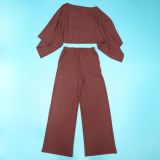Stylish Pleated One-shoulder Top and Trousers Solid Color Casual Set