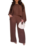 Stylish Pleated One-shoulder Top and Trousers Solid Color Casual Set