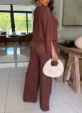 Stylish Pleated One-shoulder Top and Trousers Solid Color Casual Set