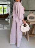 Stylish Pleated One-shoulder Top and Trousers Solid Color Casual Set
