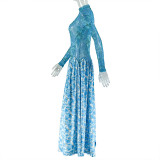 2025 Sheer High-Neck Elastic Slim-Fit A-Line Long-Sleeve Dress