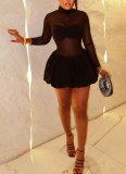 Stylish Solid Color Slightly Sheer Stand-collar Long-sleeved A-line Short Dress