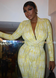 Stylish V-neck Slim-fit Printed Jumpsuit With Pleated Long Sleeves