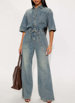 Fashionable Elastic Waist Slim-fit Stretch Washed Denim Jumpsuit With Flared Legs and Side Slits