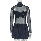 Stylish Solid Color Slightly Sheer Stand-collar Long-sleeved A-line Short Dress