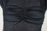 Stylish Solid Color Slightly Sheer Stand-collar Long-sleeved A-line Short Dress