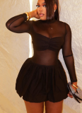 Stylish Solid Color Slightly Sheer Stand-collar Long-sleeved A-line Short Dress