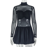 Stylish Solid Color Slightly Sheer Stand-collar Long-sleeved A-line Short Dress