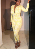 Stylish V-neck Slim-fit Printed Jumpsuit With Pleated Long Sleeves