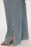 Fashionable Elastic Waist Slim-fit Stretch Washed Denim Jumpsuit With Flared Legs and Side Slits