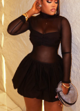 Stylish Solid Color Slightly Sheer Stand-collar Long-sleeved A-line Short Dress