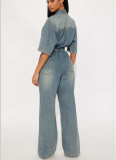 Fashionable Elastic Waist Slim-fit Stretch Washed Denim Jumpsuit With Flared Legs and Side Slits
