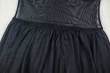 Stylish Solid Color Slightly Sheer Stand-collar Long-sleeved A-line Short Dress