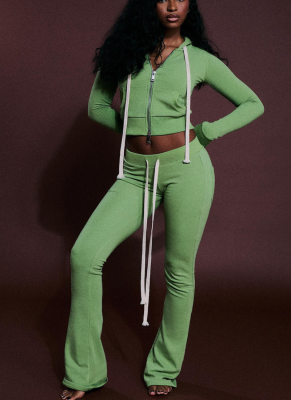 Stylish Hooded Zip-up Sweatshirt and Slim-fit Flared Pants Two-piece Set