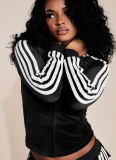 2025 Fashion Velour Zipper Drawstring Side Stripe Flared Pants Two-Piece Set