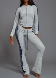 2025 Fashion Velour Zipper Drawstring Side Stripe Flared Pants Two-Piece Set