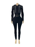 Fashionable Washed Denim Zip-up Hooded Top and Fleece-lined Yoga Pants Two-piece Set
