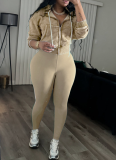 Fashionable Washed Denim Zip-up Hooded Top and Fleece-lined Yoga Pants Two-piece Set