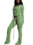 Stylish Hooded Zip-up Sweatshirt and Slim-fit Flared Pants Two-piece Set