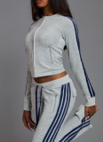 2025 Fashion Velour Zipper Drawstring Side Stripe Flared Pants Two-Piece Set