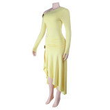 Sexy Hollow-Out One-Shoulder Long-Sleeve Slit Bodycon Dress