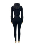 Fashionable Washed Denim Zip-up Hooded Top and Fleece-lined Yoga Pants Two-piece Set