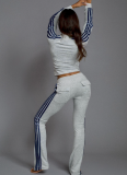 2025 Fashion Velour Zipper Drawstring Side Stripe Flared Pants Two-Piece Set