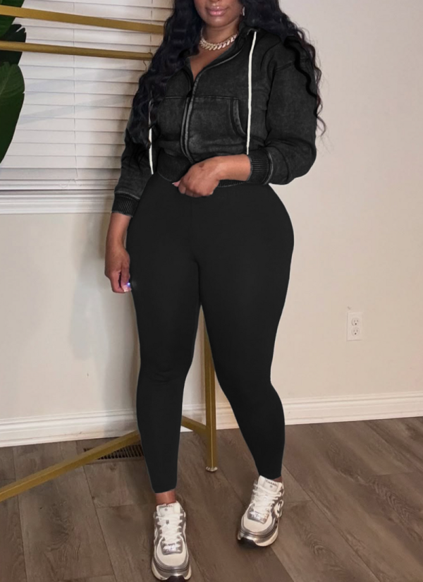 Fashionable Washed Denim Zip-up Hooded Top and Fleece-lined Yoga Pants Two-piece Set