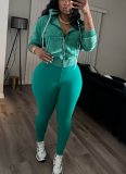 Fashionable Washed Denim Zip-up Hooded Top and Fleece-lined Yoga Pants Two-piece Set