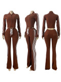 2025 Fashion Velour Zipper Drawstring Side Stripe Flared Pants Two-Piece Set