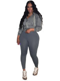 Fashionable Washed Denim Zip-up Hooded Top and Fleece-lined Yoga Pants Two-piece Set