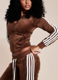 2025 Fashion Velour Zipper Drawstring Side Stripe Flared Pants Two-Piece Set