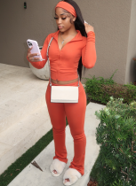 Stylish Zippered Cardigan and Flared Trousers Two-piece Set (with headscarf)